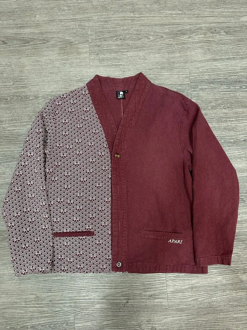 Apari Split Pattern Kimono Jacket Medium Wine Red Wave Cat Print 100% Linen M